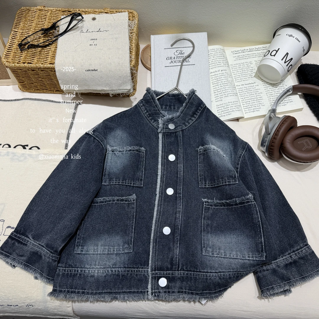 现货-儿童春季新款牛仔外套K-5059休闲韩版工艺款做旧时尚男女童