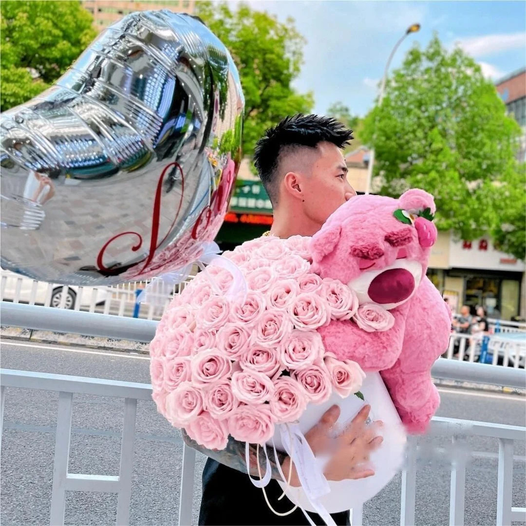 【如此美好】52朵粉玫瑰配草莓熊抱抱桶花束送女朋友闺蜜爱人同事 生日鲜花花店送花上门