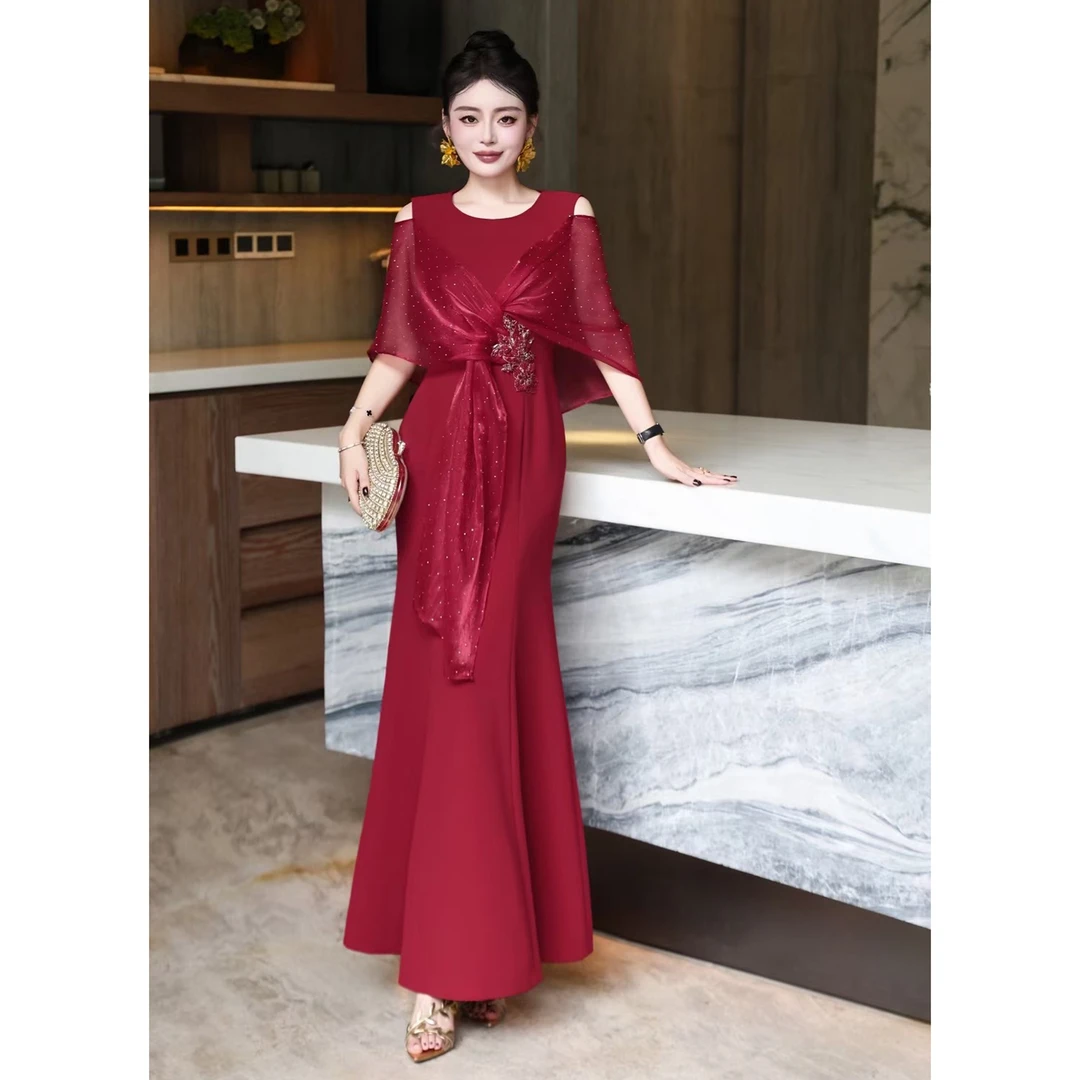 2025初秋新款披肩婚宴装女气质优雅婚礼高贵年轻轻奢鱼尾连衣裙子