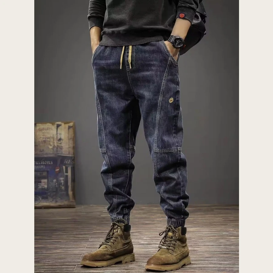 秋冬季牛仔裤美式男士中腰牛仔长裤潮流松紧腰春秋复古休闲裤百搭