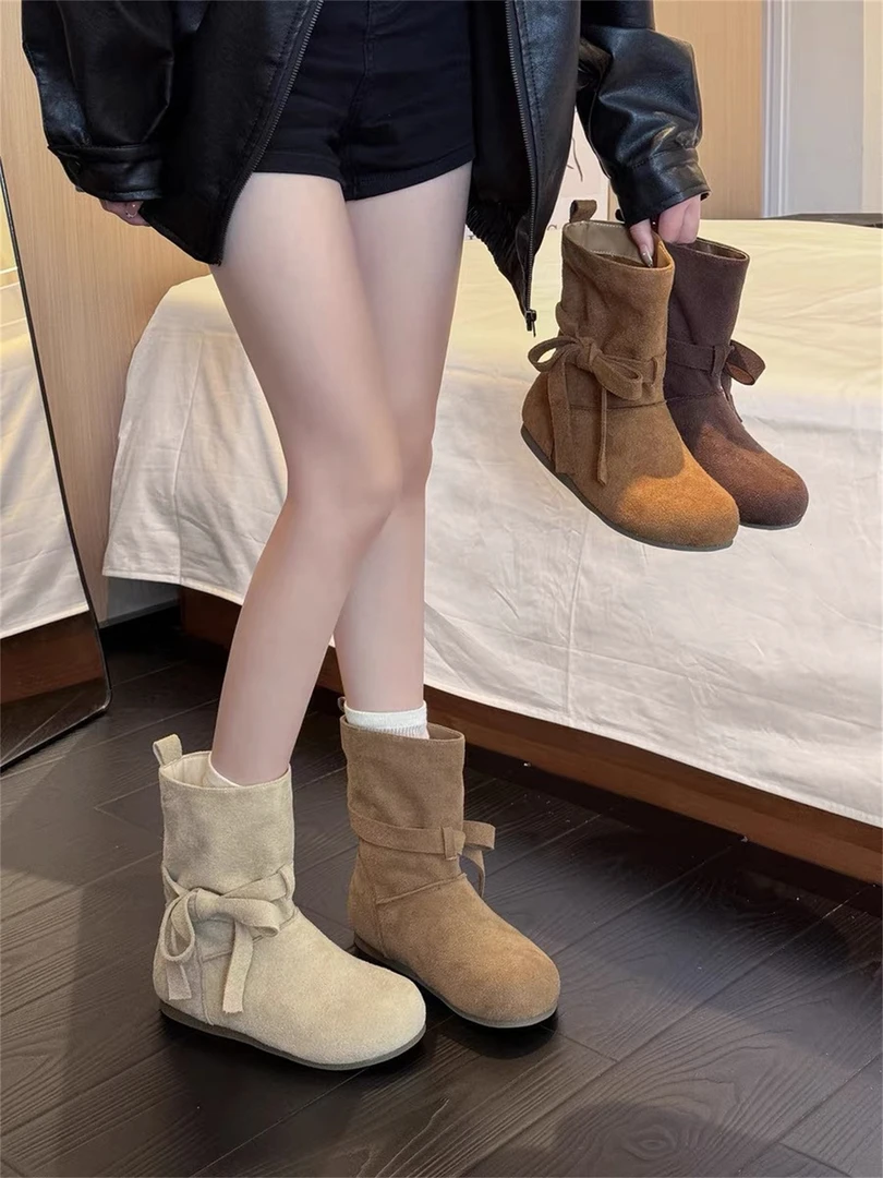 复古内增高勃肯短靴子女2025新款时尚百搭蝴蝶结马丁靴大头西部靴