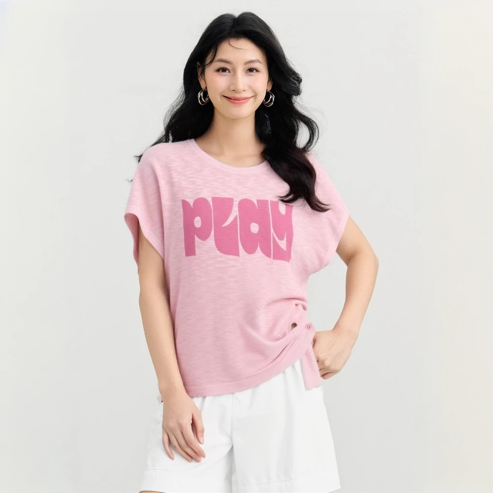 冰丝夏新款不规则纽扣针织衫薄款字母短袖T恤百搭通勤休闲上衣女