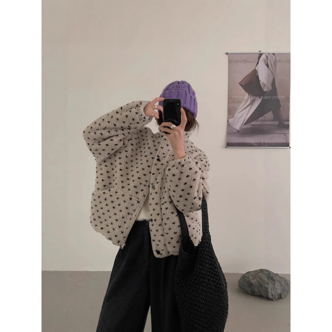 实拍 2025年冬季新款自留推荐加厚夹棉 爱心印花羊羔毛夹克外套女