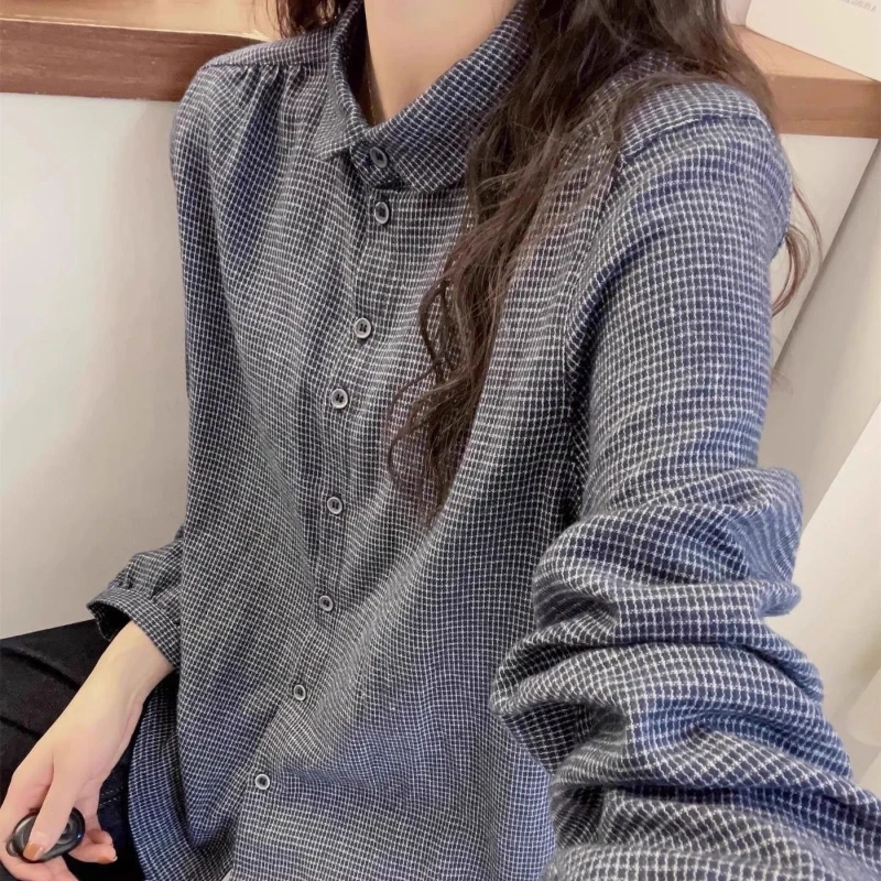 欧货小格子长袖衬衫女士2025秋季新款文艺复古灯笼袖翻领开衫衬衣