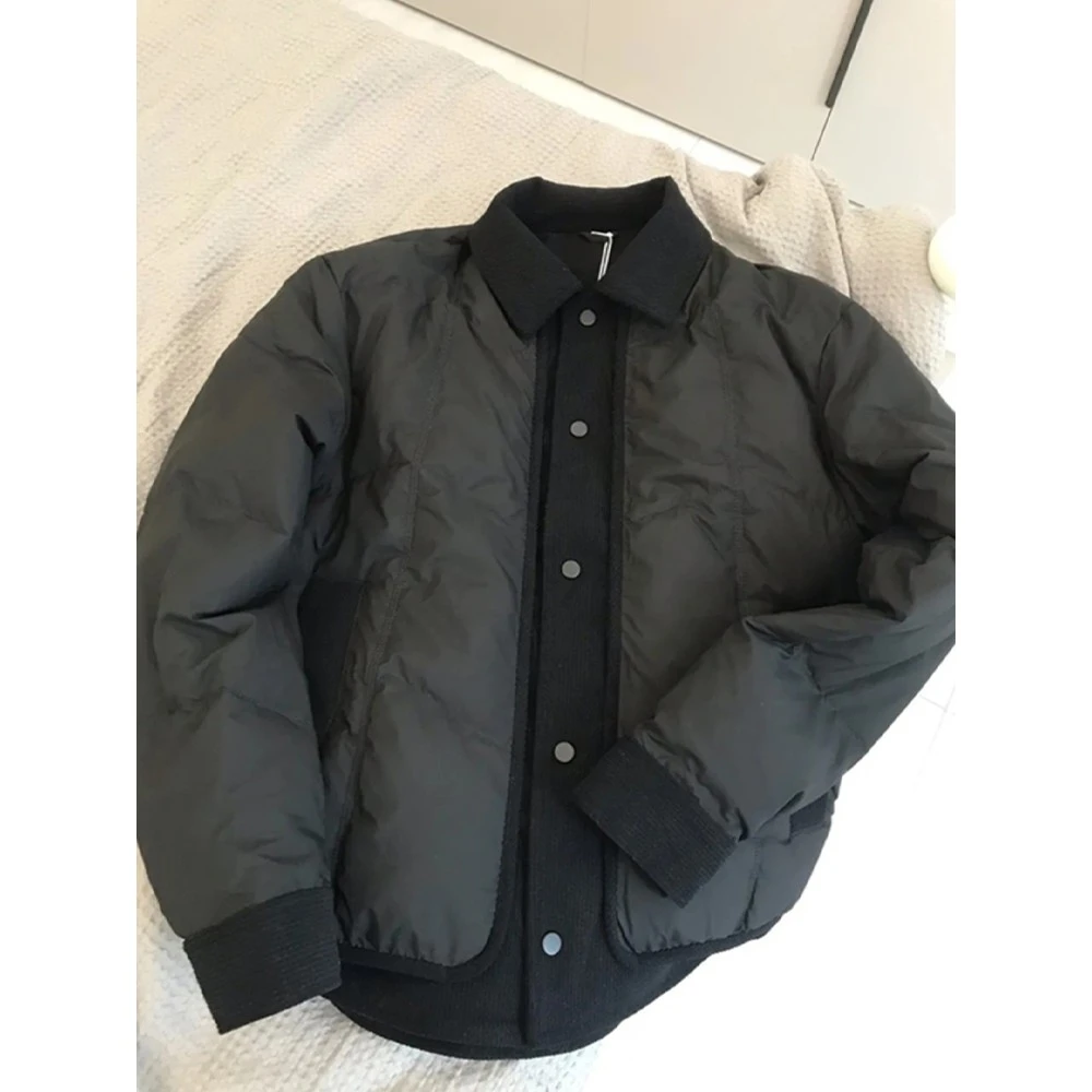 黑色绗线拼接假两件棉服男冬季成熟稳重男装外套潮牌cleanfit棉衣