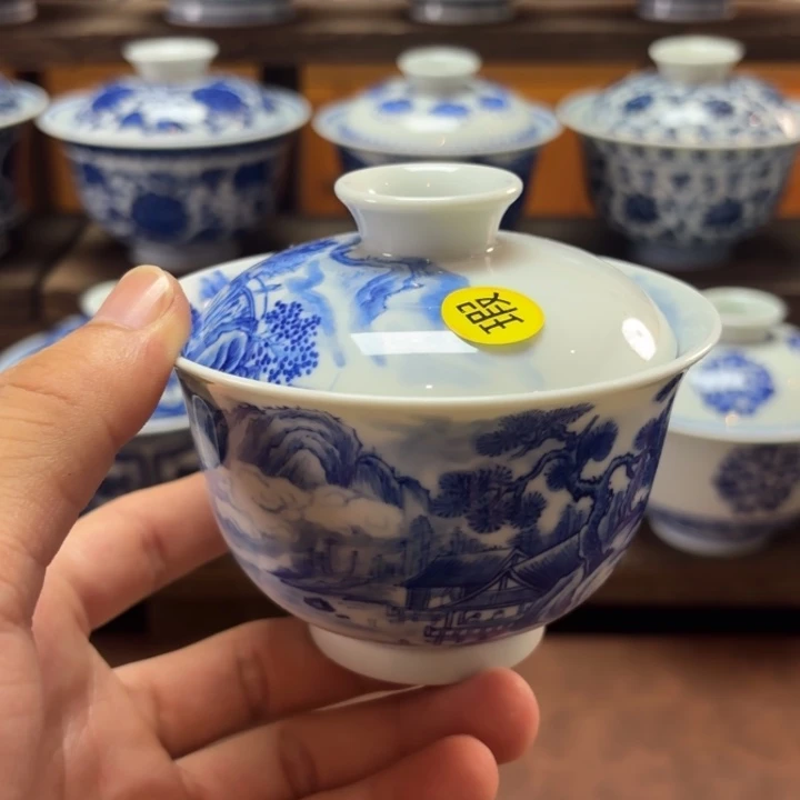 景德镇纯手工手绘山水盖碗