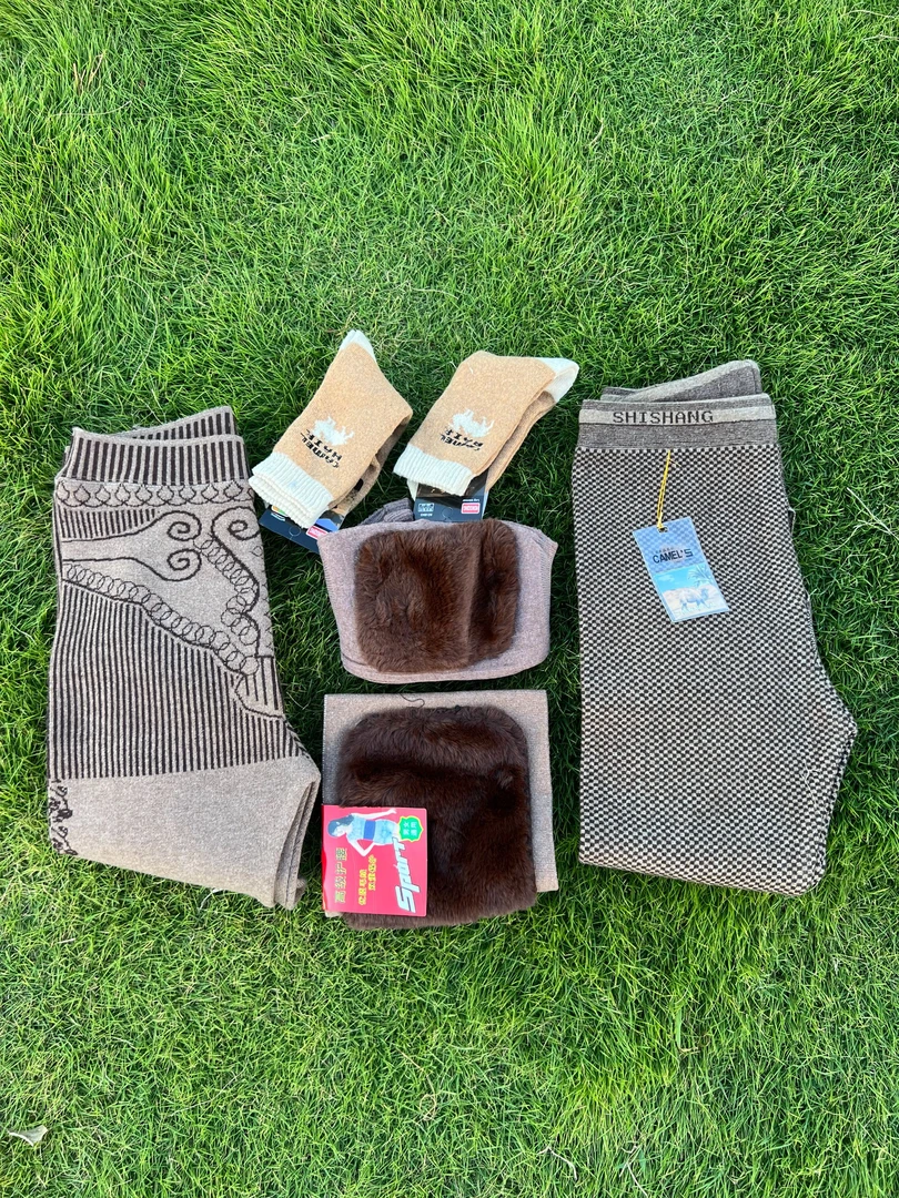 秋冬新款加厚加绒护膝护腰套装防寒驼绒保暖裤 5件套