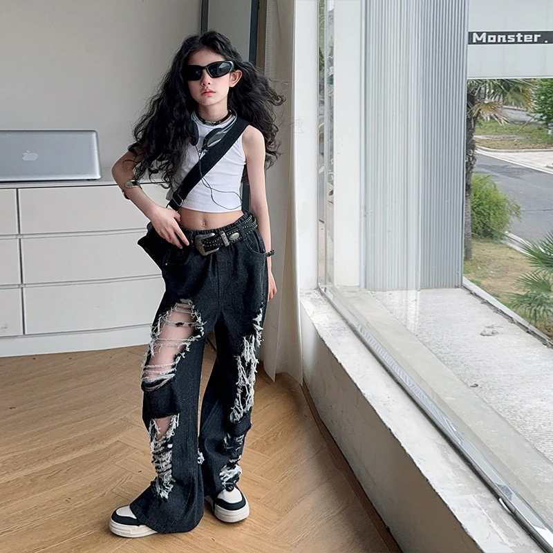 女童美式高街破洞牛仔裤套装2025中大童夏季直筒设计感阔腿拖地裤