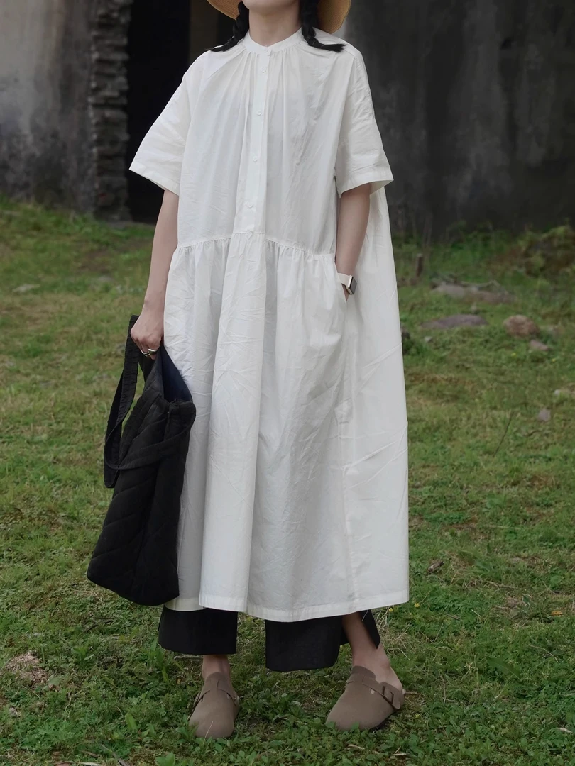 日系短袖宽松百搭长款圆领连衣裙长裙夏日薄款大袍子