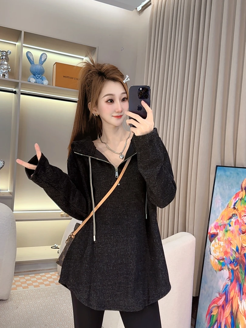 (哆啦推荐)时尚洋气显瘦遮肉中长款磨毛连帽z卫衣