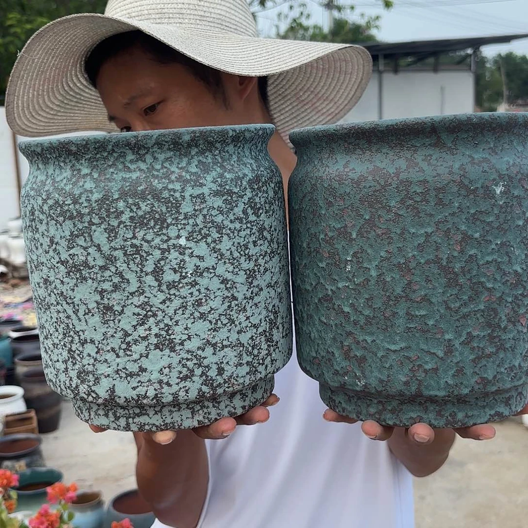 紫砂花盆复古绿直筒两个口径18高度20