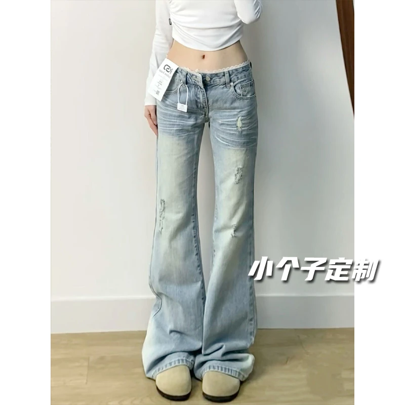 小个子女款水洗拼接低腰微喇牛仔裤女新款vibe美式宽松牛仔裤女款