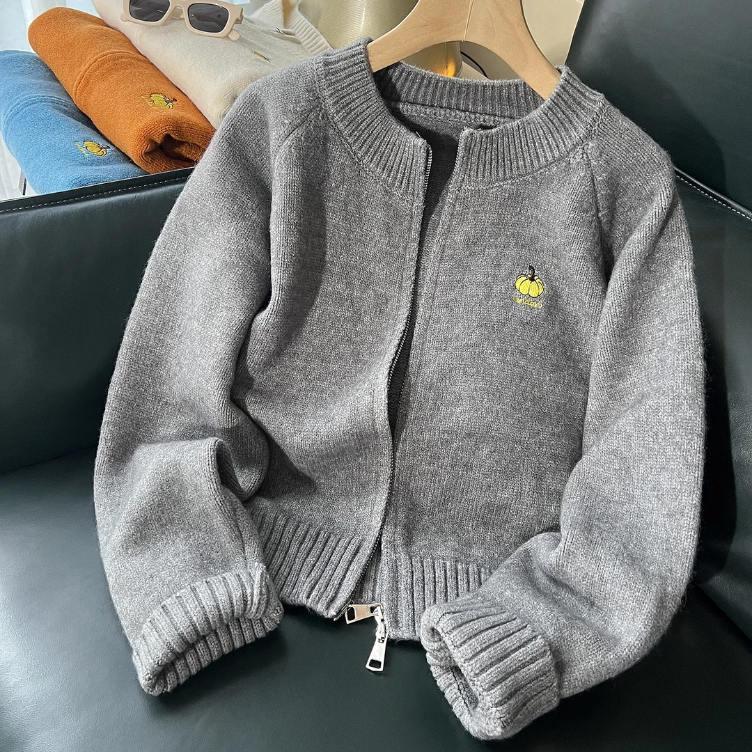 针织衫毛衣女2025秋冬新款圆领开衫双拉链长袖宽松短款显瘦上衣