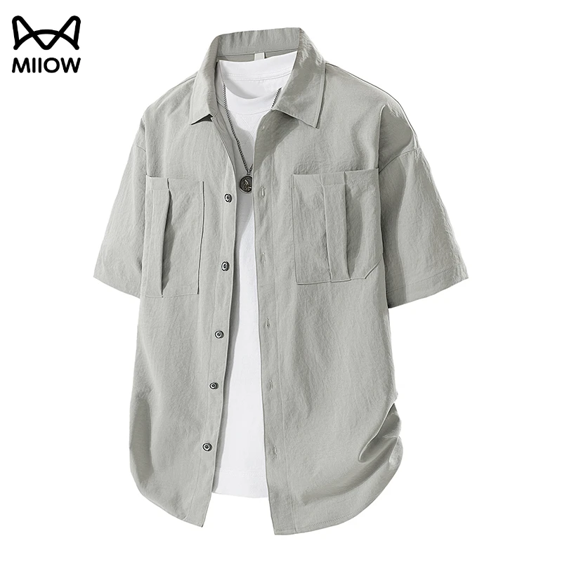 猫人轻奢工装衬衫短袖男士夏季美式宽松大码外套重磅潮牌休闲衬衣
