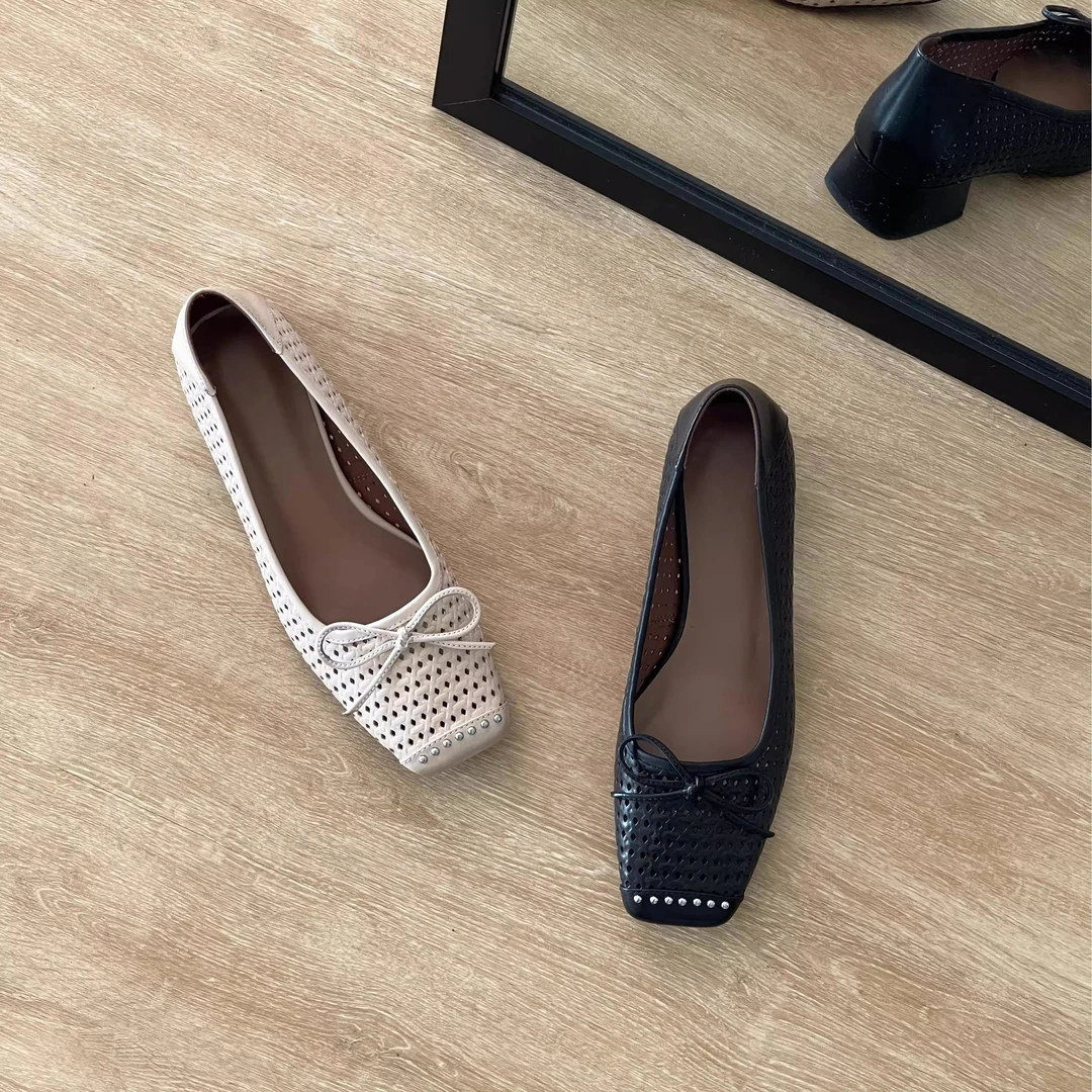 HUSSLOVE 头层牛皮·跟高3.5CM·百搭甜美镂空蝴蝶结铆钉浅口单鞋