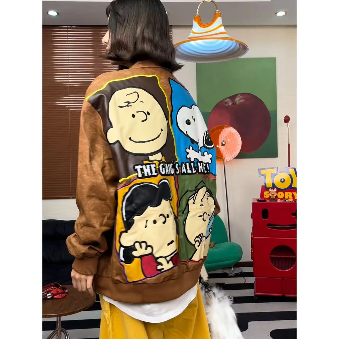 （史努比）外套日式复古秋冬常规人物上衣卡通皮夹克刺绣翻领