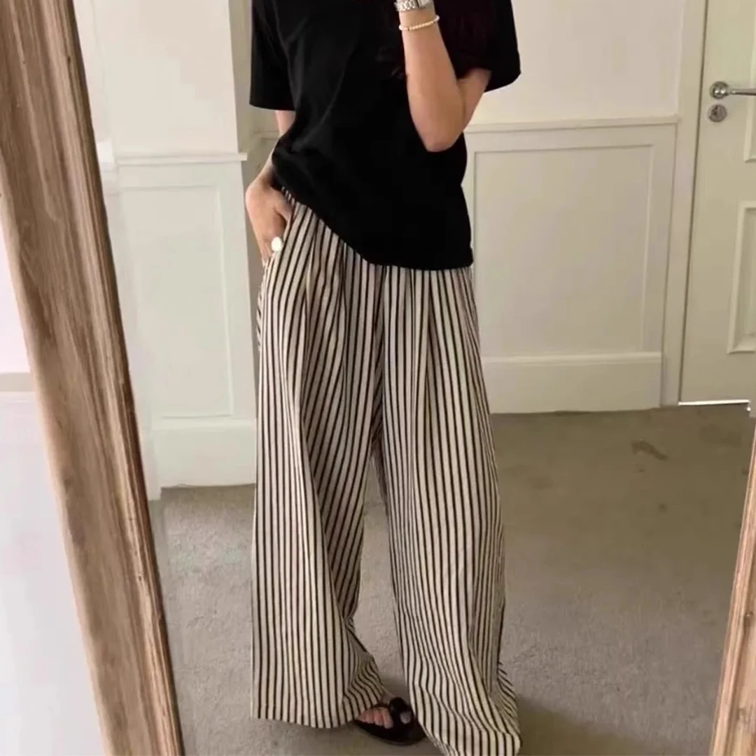 日系慵懒风黑白条纹阔腿休闲裤女2025夏季新款松紧腰显瘦直筒长裤