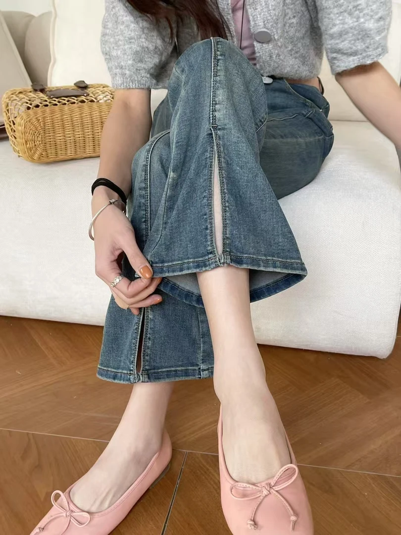 7353 裤脚开衩牛仔裤，薄款夏款 弹力牛仔裤女装