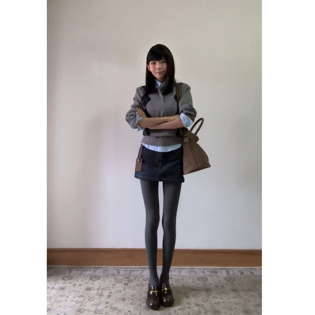 菱格针织Polo阿尔盖提花针织衫收腰制服上衣A字防走光半裙X11404