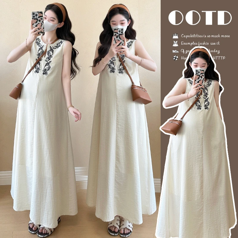 重工刺绣V领背心连衣裙气质优雅孕妇装设计感无袖直筒A字裙长短裙