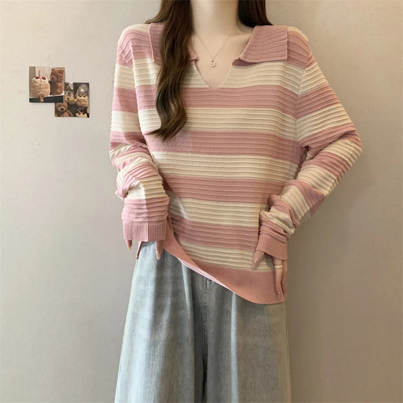 实拍微胖大码春秋胖妹妹POLO领纹理感条纹长袖针织V领胖mm上衣