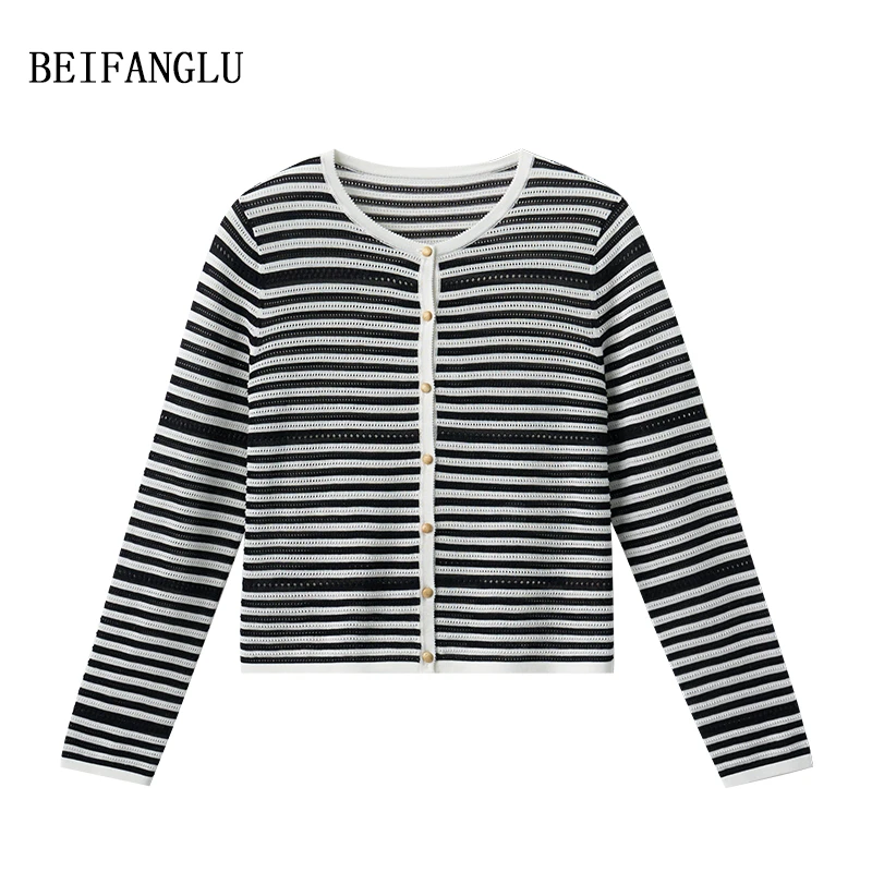 北方鹿【莱赛尔三醋酯空调衫】夏季气质镂空提花条纹针织开衫251095