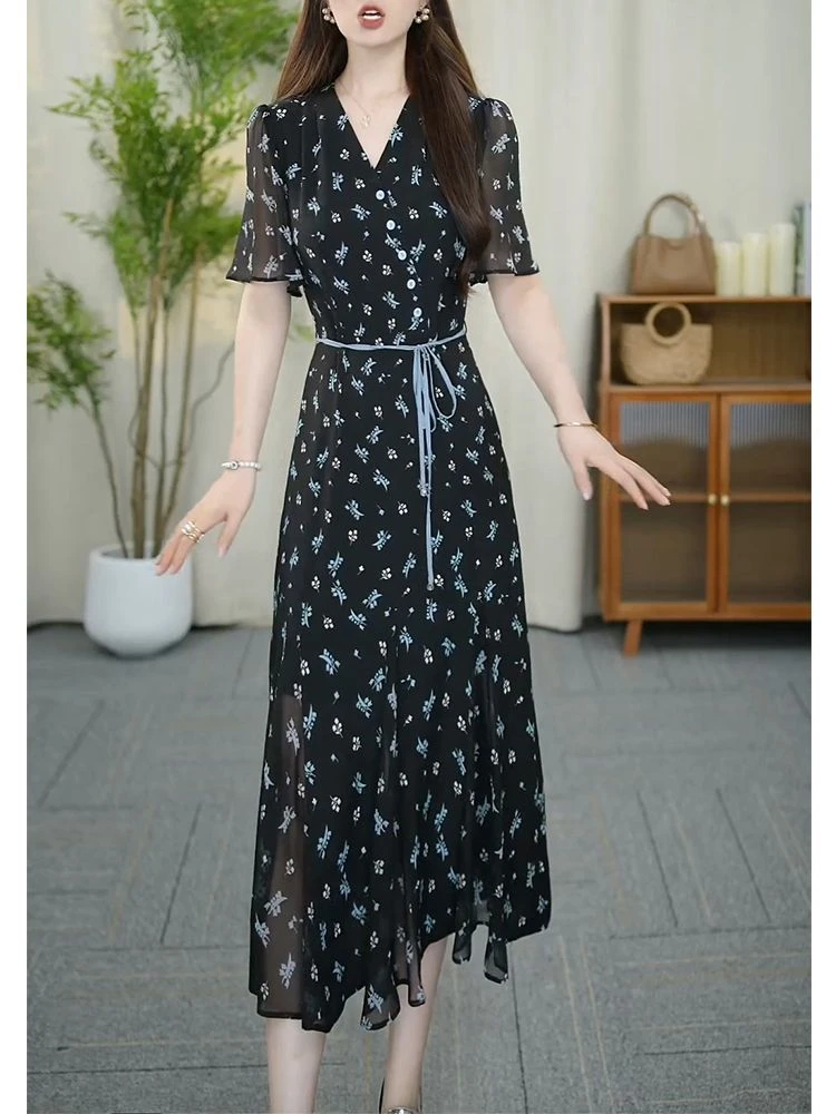 洋气碎花短袖收腰连衣裙女妈妈十三行V领鱼尾裙