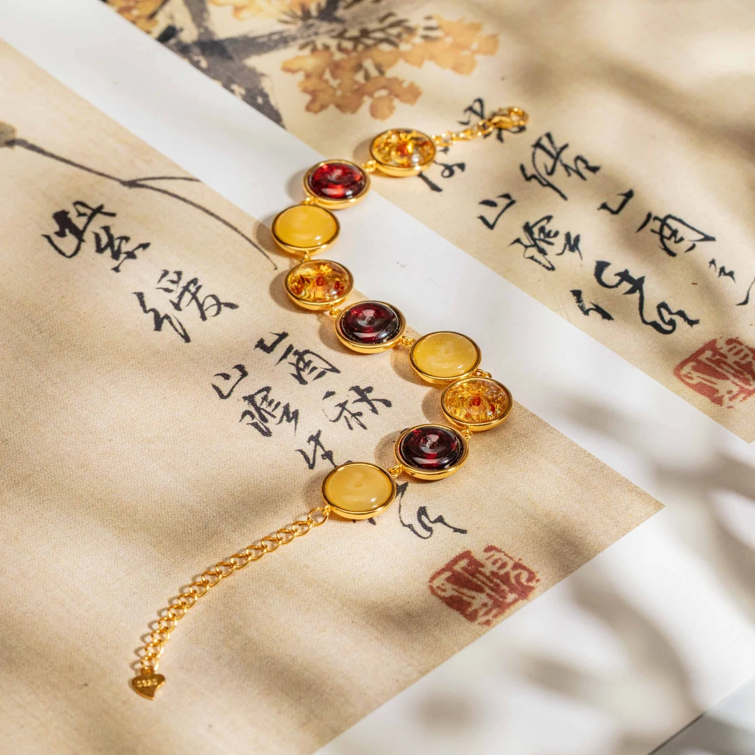 【旷世璀璨盛宴】925银镶琥珀多宝平安扣手链B1030081