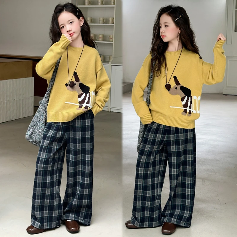 女童秋装针织衫毛衣套装2025新款初中生秋款女大童格子裤两件套潮