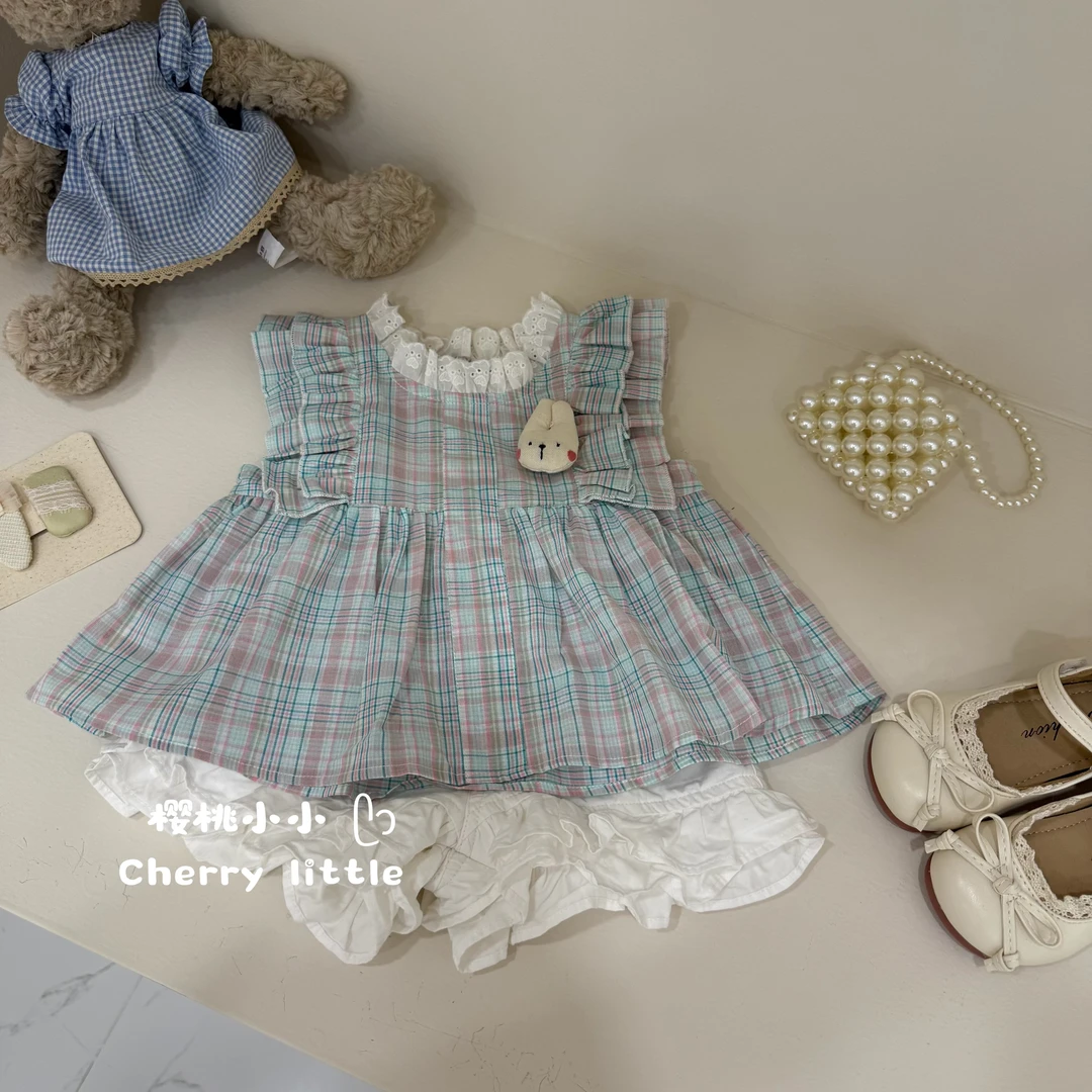 樱桃小小 2025年夏季新款女童可爱法式蕾丝蓝色格子小兔+花边短裤