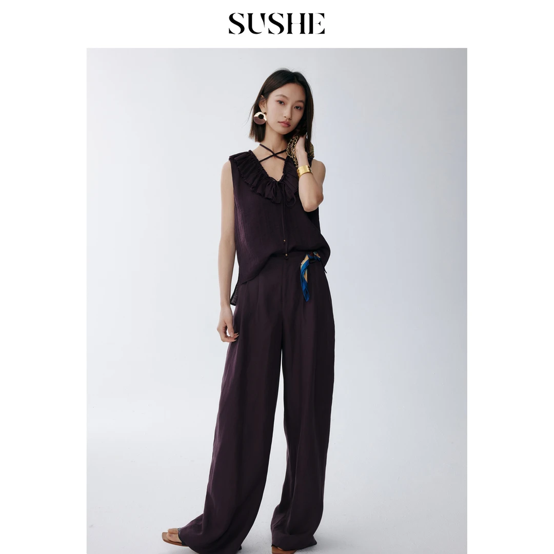 束皙SUSHE 游遐 多巴胺 垂坠天丝亚麻系带压褶宽松及地阔腿裤女夏