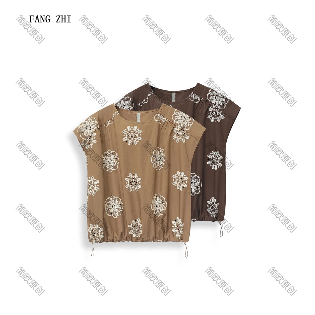 夏季棉质宽松印花镂空短款圆领舒适百搭休闲气质套头上衣 T4230