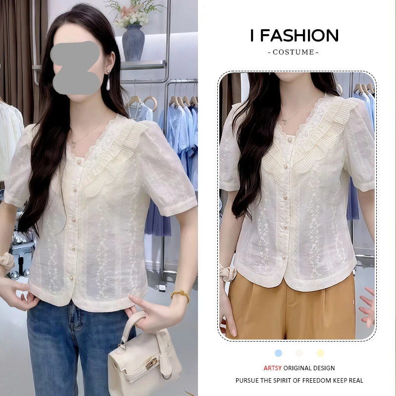 韩版设计感短袖衬衫女2025年夏季新款洋气蕾丝拼接小个子V领上衣