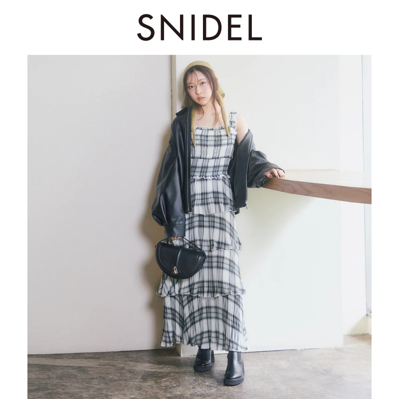 SNIDEL2025秋冬新品复古格纹印花吊带荷叶边蛋糕连衣裙SWFO254181