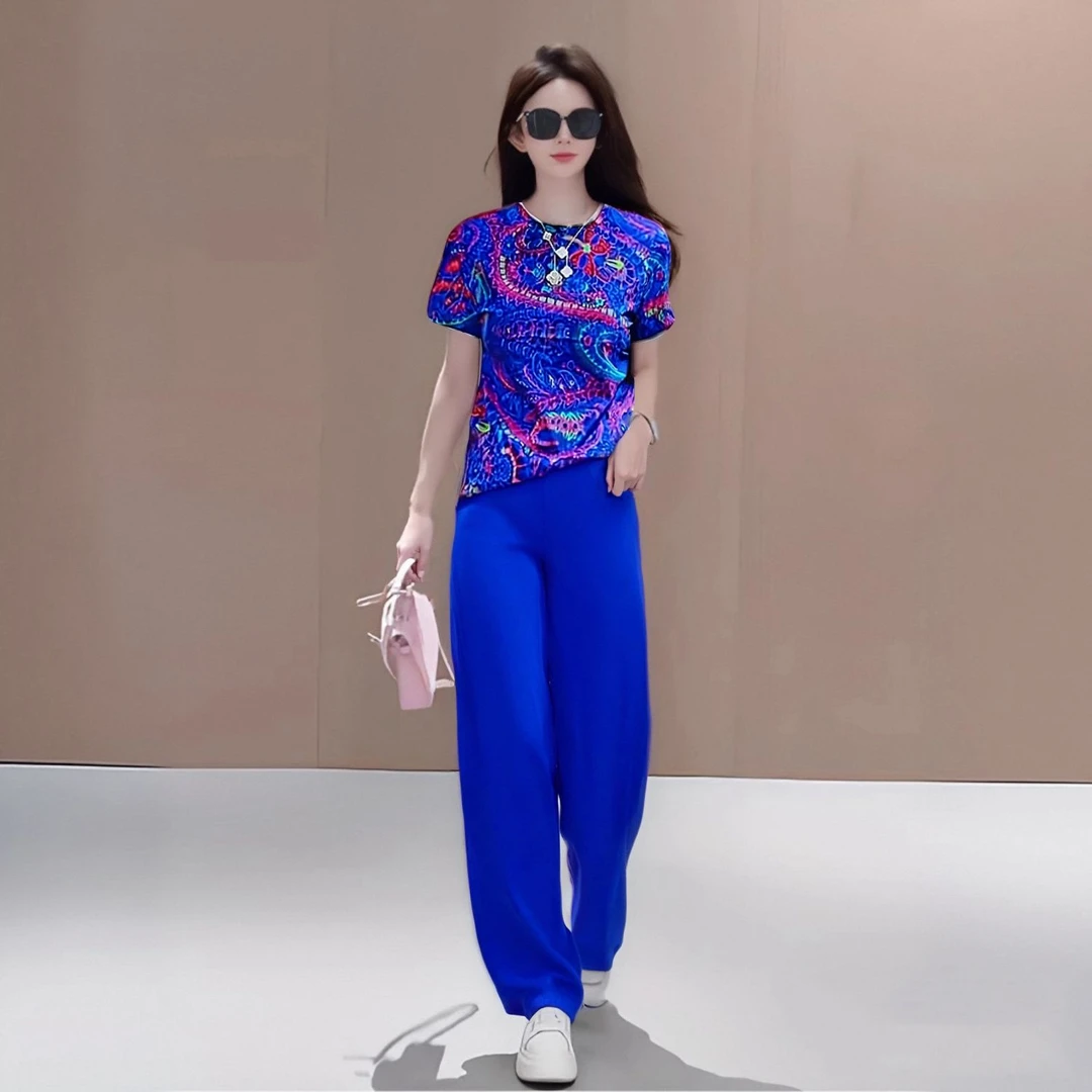 彩蓝色时尚套装女2025新款高级感气质减龄显瘦遮肉夏装搭配一整套