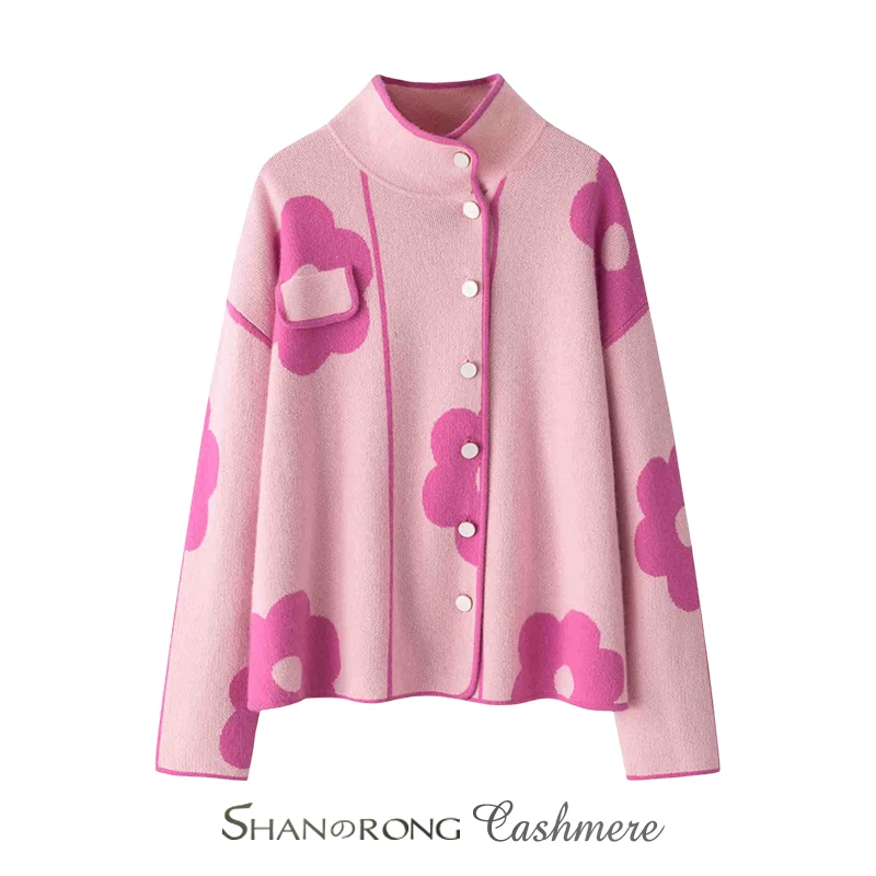 100%纯山羊绒双色提花加厚粉色开衫小香风印花设计师时尚减龄毛衣