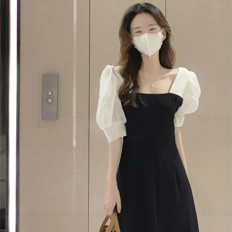 22273连衣裙显瘦气质夏季法式收腰赫本风泡泡袖方领显瘦气质夏季