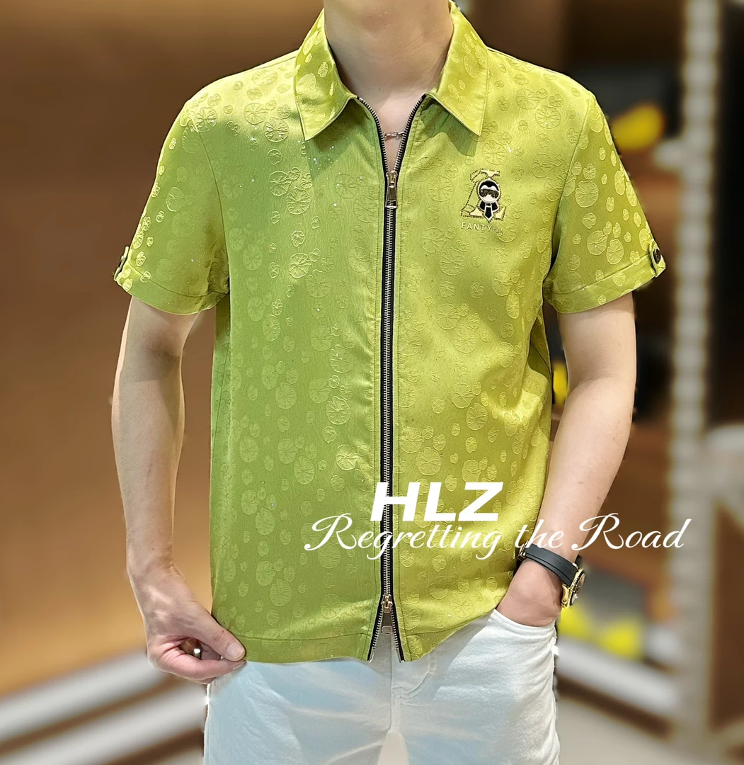 2025夏季新款男士休闲时尚洒金荷叶雕花双拉链薄款翻领短袖衬衫