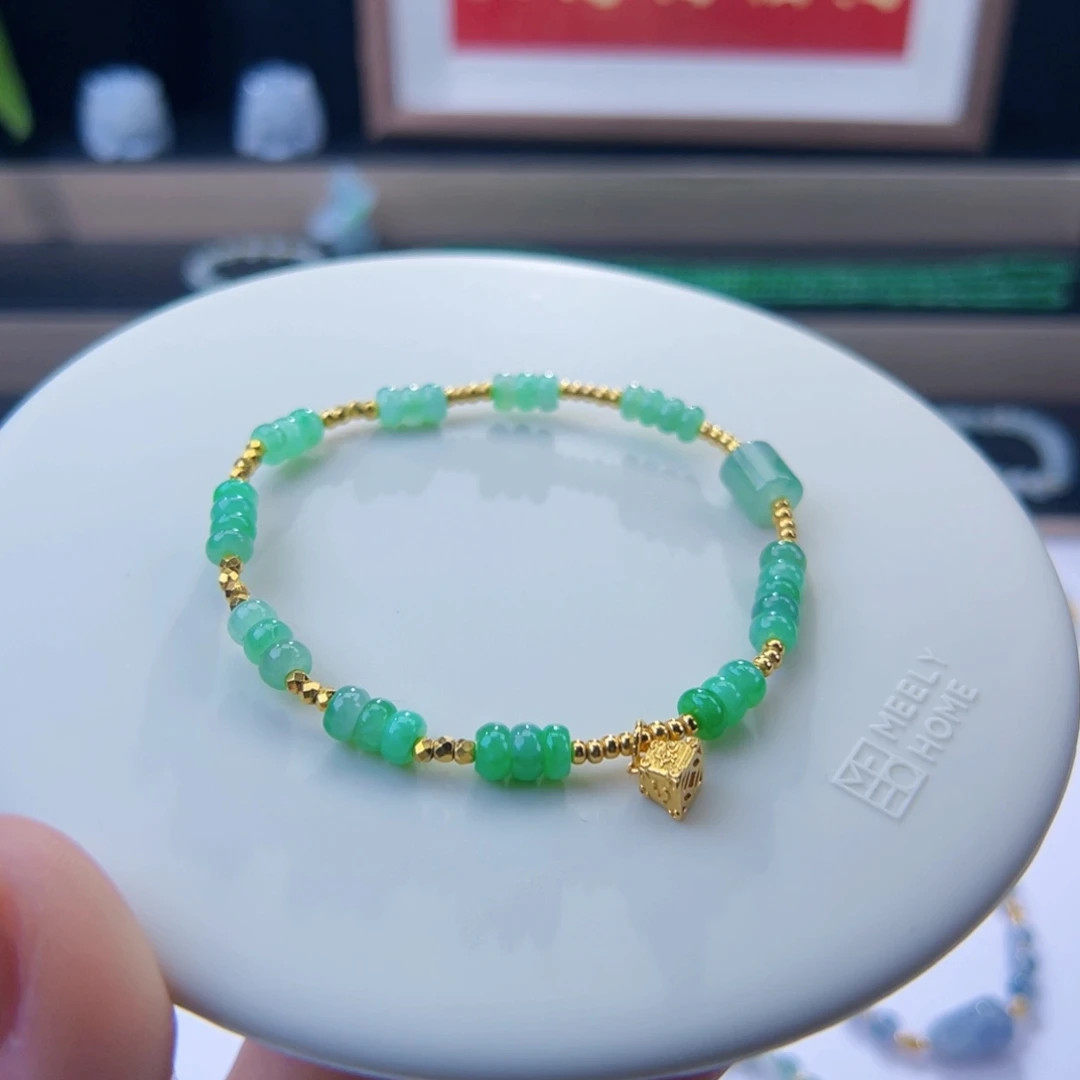 翡翠足金镶嵌手链缅料绿算盘设计款