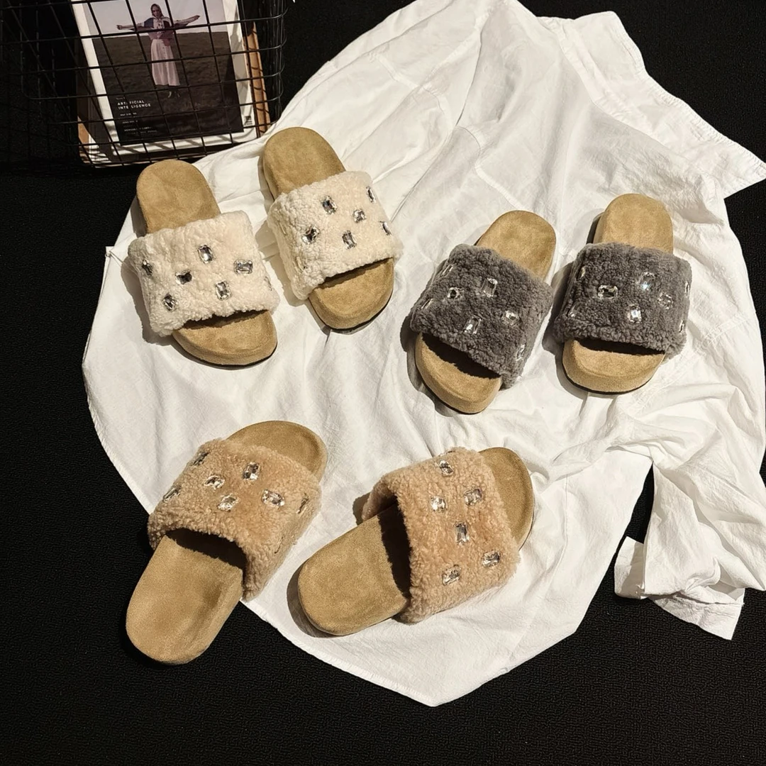 欧洲站~水钻羊羔毛小厚底毛毛拖女外穿2025秋冬新款ins风一字拖鞋