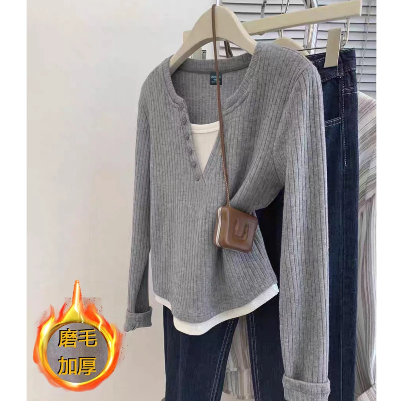 9234#磨毛加厚假两件v领女秋冬季正肩内搭打底衫2025新款灰色上衣