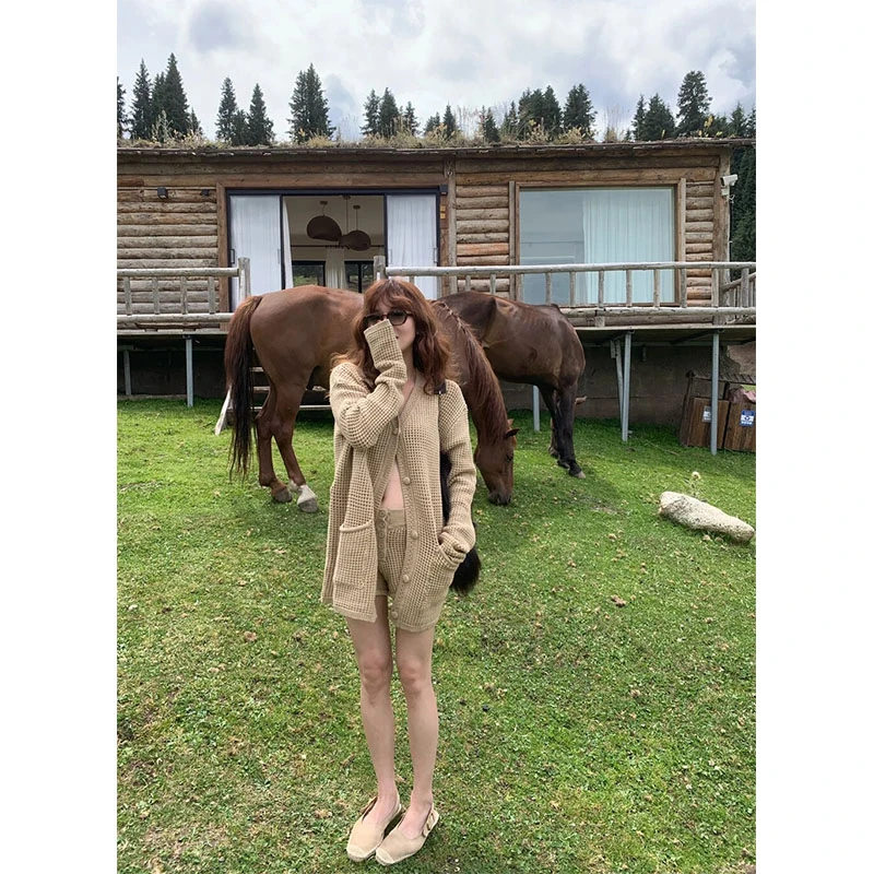 秋季小众设计款显瘦修身针织网红穿搭上衣休闲宽松百搭高腰短裤女