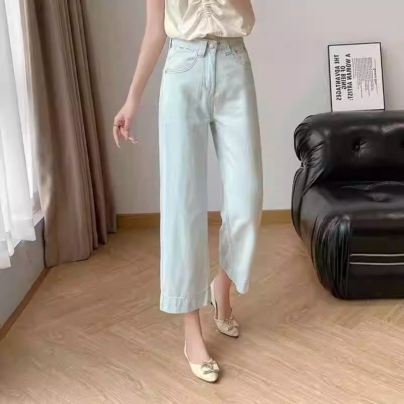 薄款天丝牛仔裤女大码胖mm莱赛尔阔腿裤夏季显瘦冰丝九分直筒裤