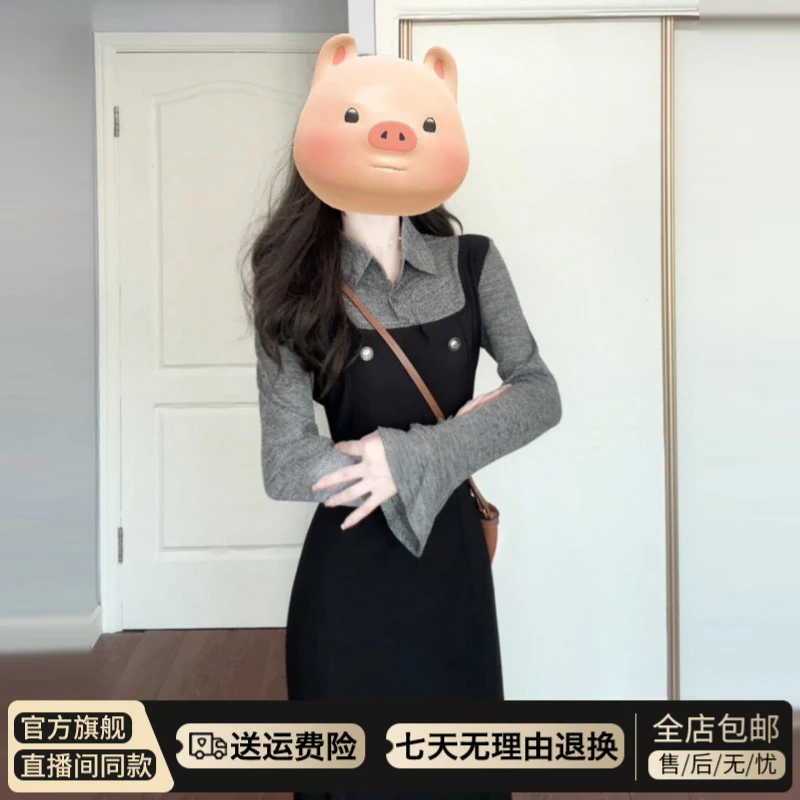 法式气质黑色假两件polo领长袖连衣裙子女2025早秋季新款内搭长裙