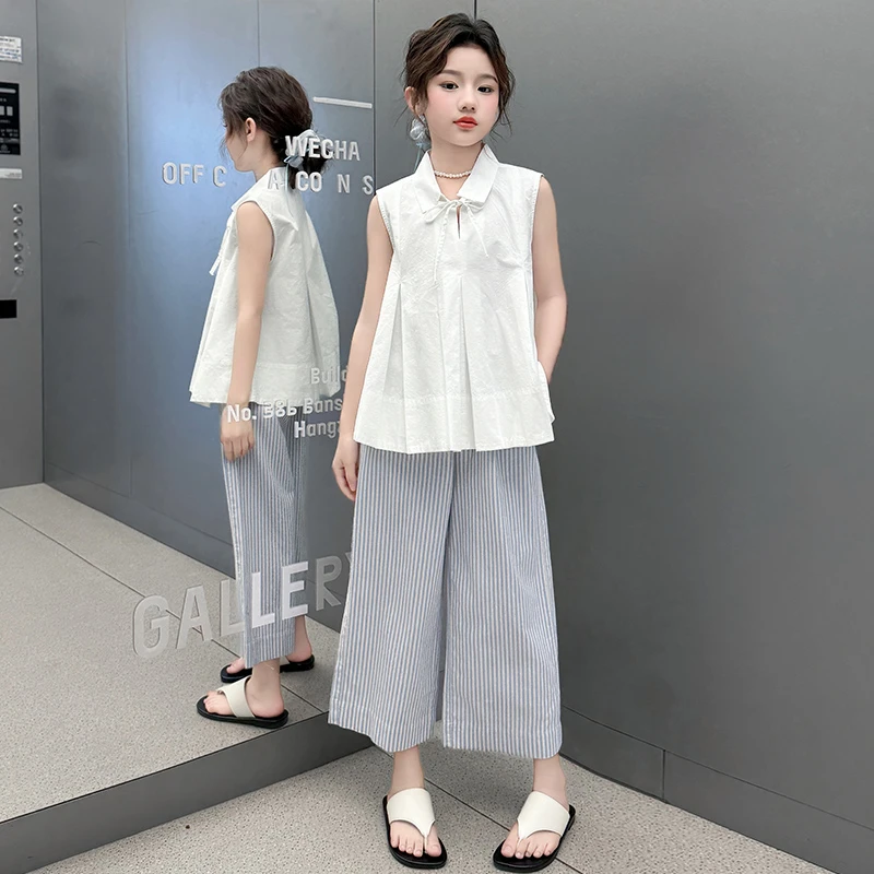 女童夏季无袖衬衫套装2025新款6-12岁15岁中大儿童洋气休闲阔腿裤