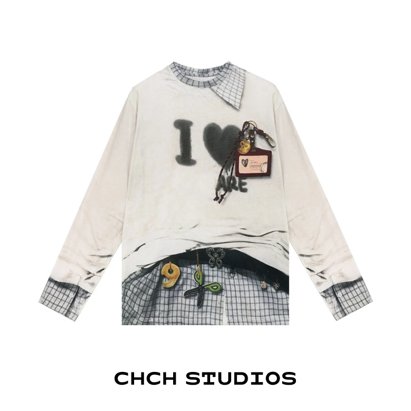 RATX73314趣味拼接假两件做旧复古印花长袖圆领宽松上衣T恤女