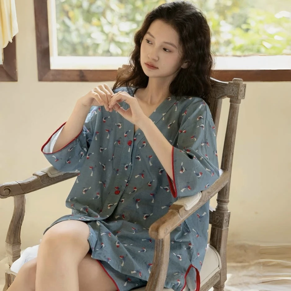 薄款纯棉睡衣女春夏季新款甜美印花V领开衫七分袖短裤家居服套装