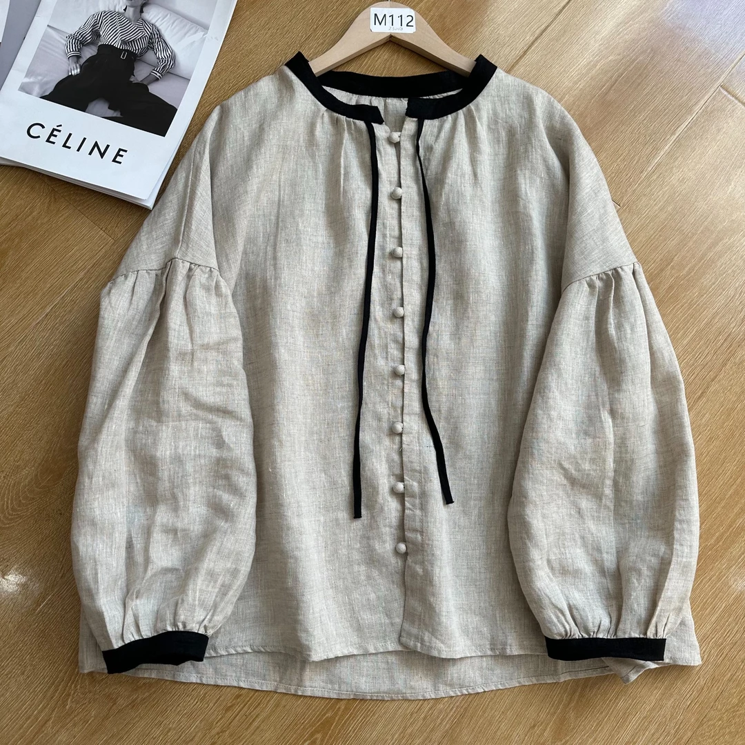 2025新款中式亚麻圆领系带蘑菇扣小衫