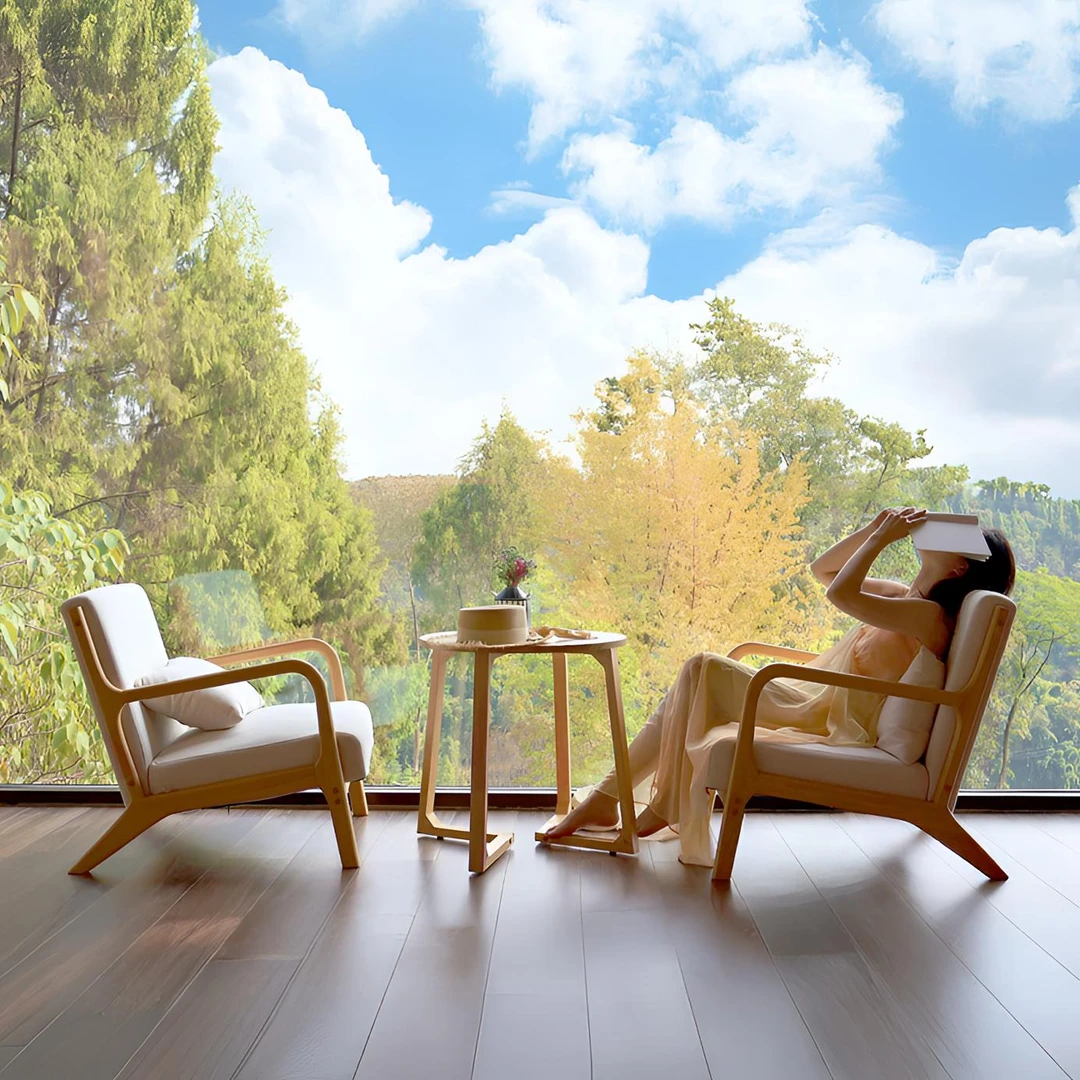 实木单人沙发椅休闲阳台现代民宿酒店洽谈家用茶楼卡座桌椅三件套