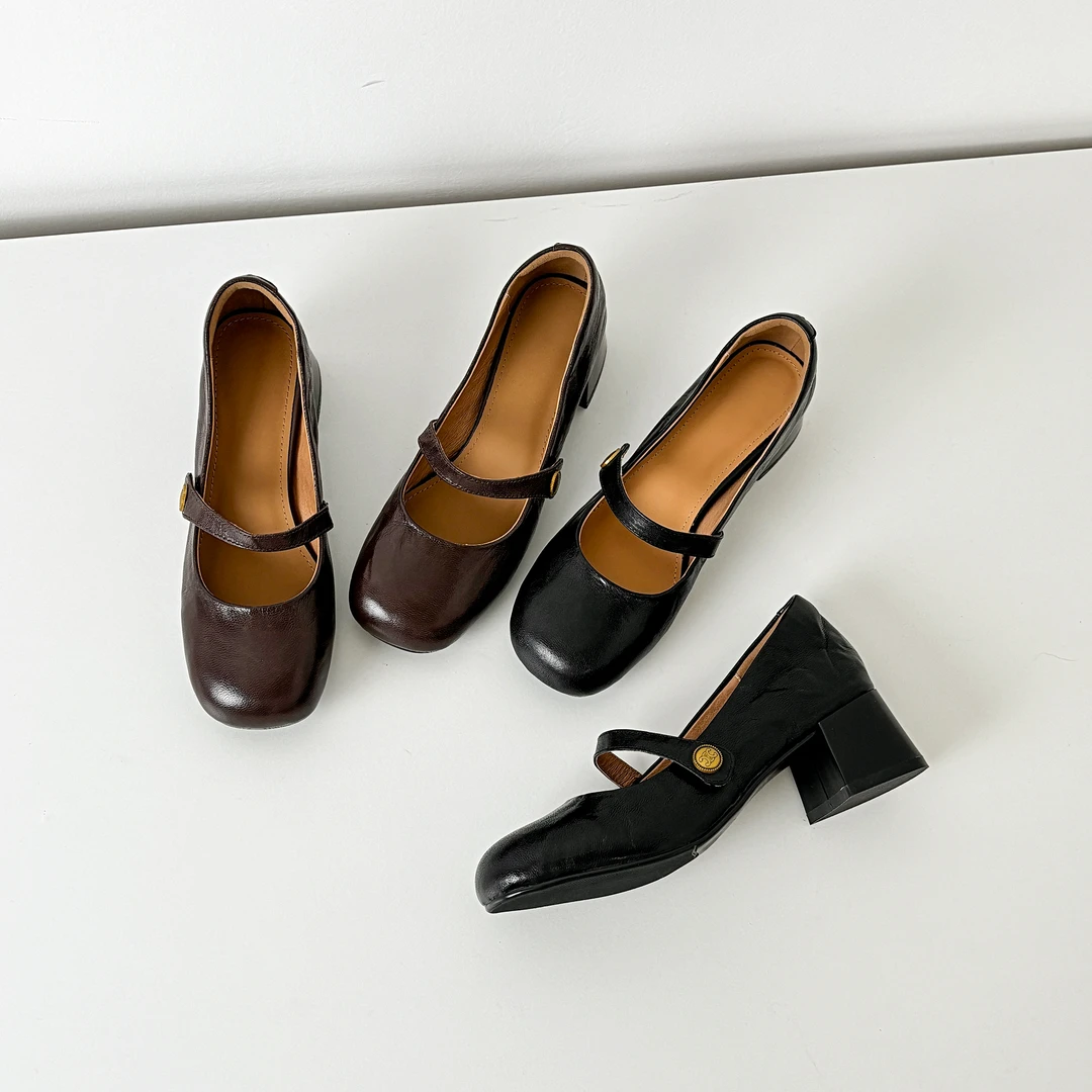 【断码现货】3.5cm 头层羊皮法式高跟浅口粗跟透气圆头单鞋复古英伦